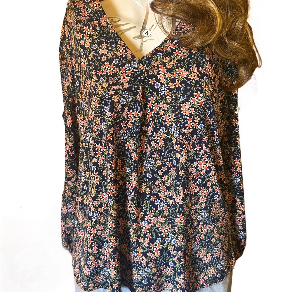 Vince Camuto Black Floral V-Neck Blouse with Coral & Green Sprigs